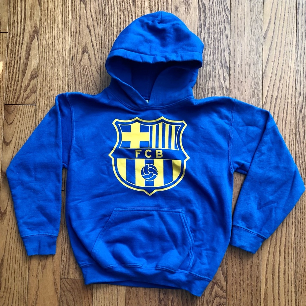 FC Barcelona Youth Soccer Pullover Blue Hoodie Yellow Crest Girl’s Size M